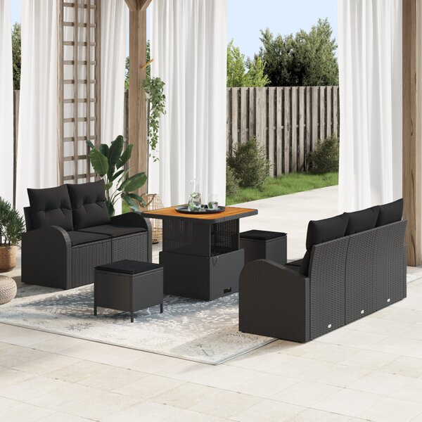 VidaXL 8 darabos kert kanapé szett párnákkal fekete poli rattan akácia