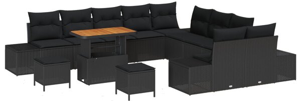 Kerti Kanapé Szett párnával 13 pcs Fekete polirattan