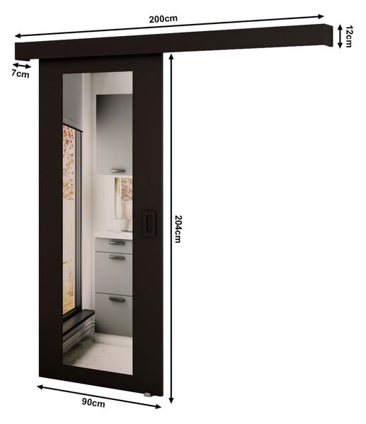 BORISA 2 tolóajtó tükörrel - 90 cm, fekete