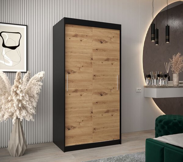 Tolóajtós gardróbszekrény 100 cm széles TIMEA - fekete / artisan tölgy