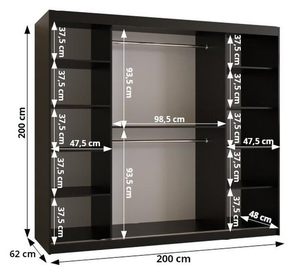 RAISA 2 ruhásszekrény - szélesség 200 cm, fekete