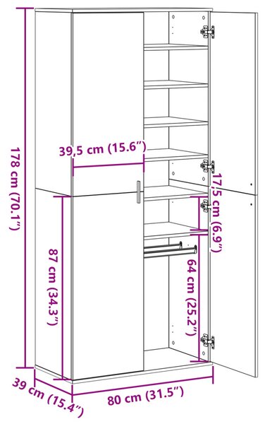 Highboard Kézműves Tölgy 80x39x178 cm Mérnöki Fa