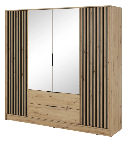 Négyajtós tükrös gardróbszekrény MARFA - szélesség 206 cm, artisan tölgy / fekete