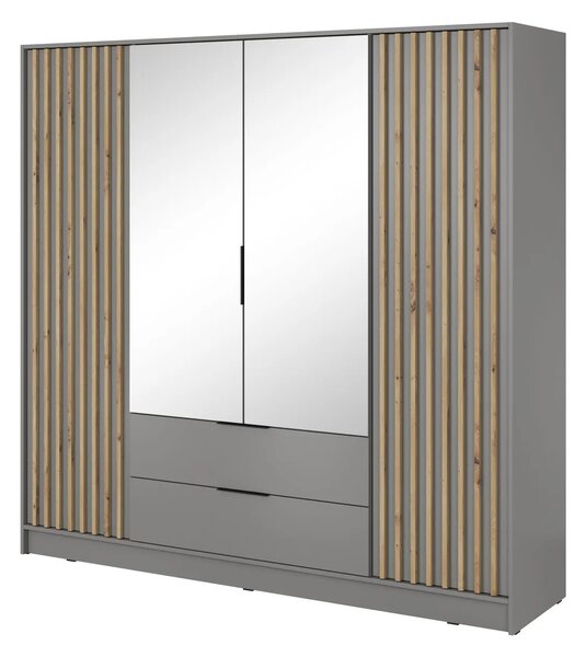 Négyajtós tükrös gardróbszekrény MARFA - szélesség 206 cm, szürke / artisan tölgy
