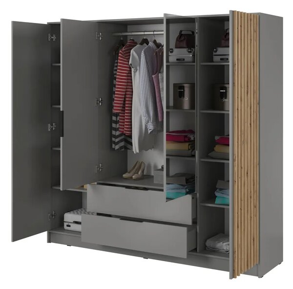 Négyajtós tükrös gardróbszekrény MARFA - szélesség 206 cm, szürke / artisan tölgy
