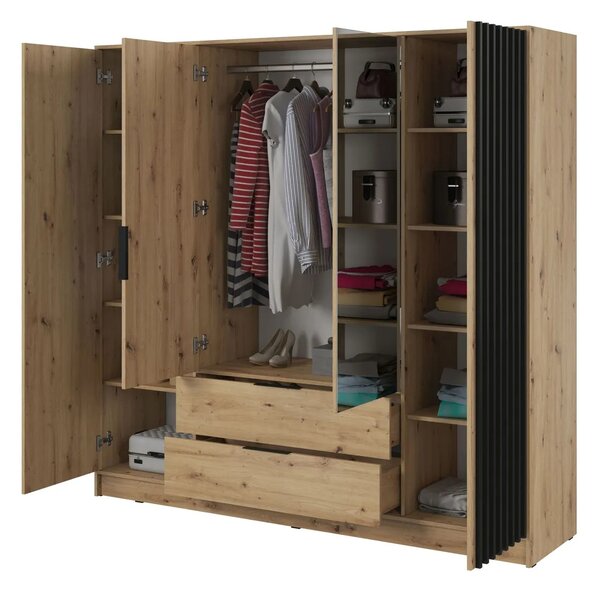 Négyajtós tükrös gardróbszekrény MARFA - szélesség 206 cm, artisan tölgy / fekete