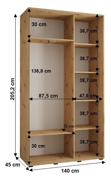 YVONA 12 gardróbszekrény - 140/45 cm, artisan tölgy / fekete / fekete
