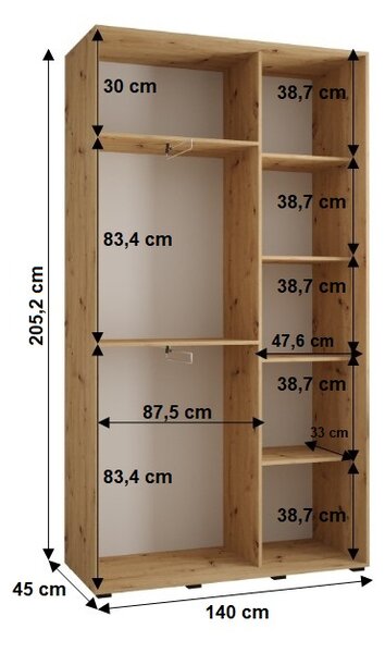 YVONA 12 gardróbszekrény - 140/45 cm, artisan tölgy / fekete / fekete