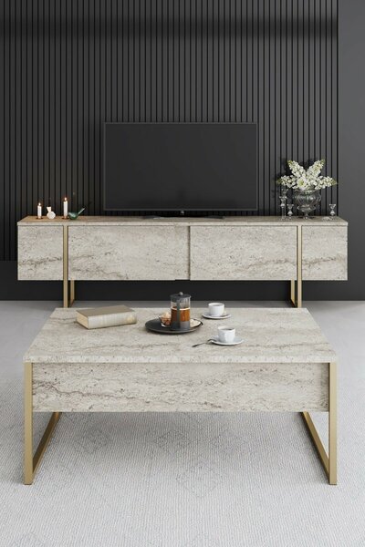 Hanah Home Coffee Table Travertine Gold Luxe - Travertine, Gold