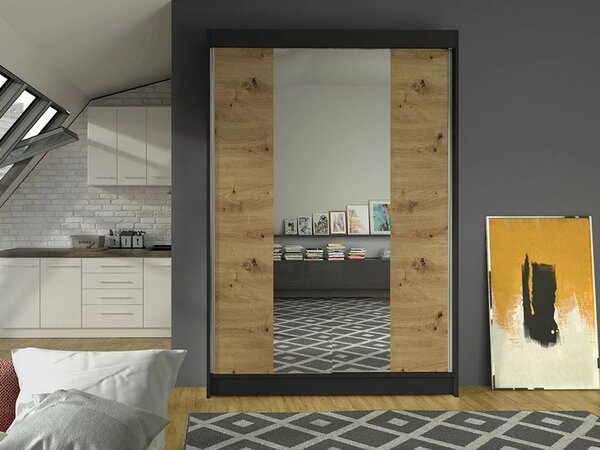 Keskeny gardróbszekrény 120 cm tükörrel SAMANRE 2 - artisan tölgy / fekete