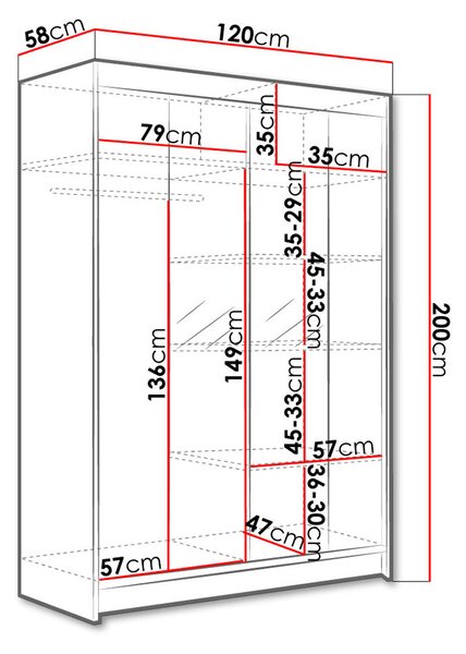 Keskeny gardróbszekrény 120 cm tükörrel SAMANRE 2 - artisan tölgy / fekete