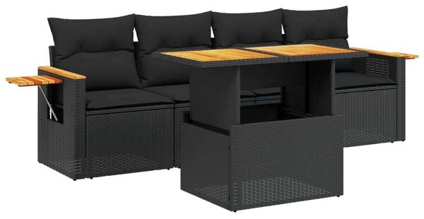 VidaXL 5 részes fekete polyrattan kerti kanapészett párnákkal