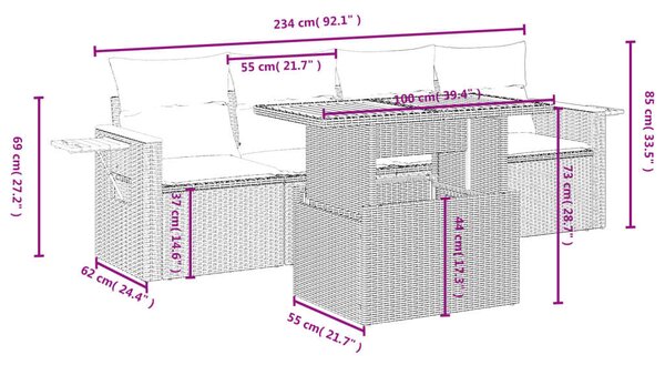 VidaXL 5 részes fekete polyrattan kerti kanapészett párnákkal