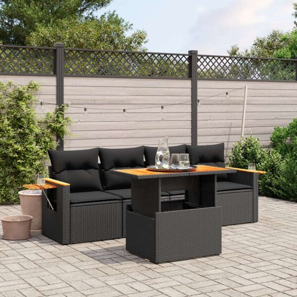 VidaXL 5 részes fekete polyrattan kerti kanapészett párnákkal