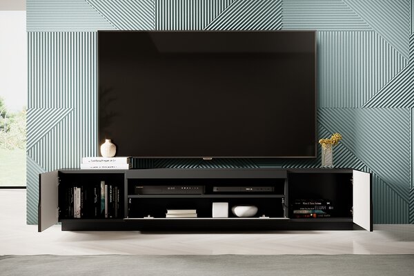 Loftia RTV szekrény 200 cm kétajtós nyitott polccal - fekete / fekete matt
