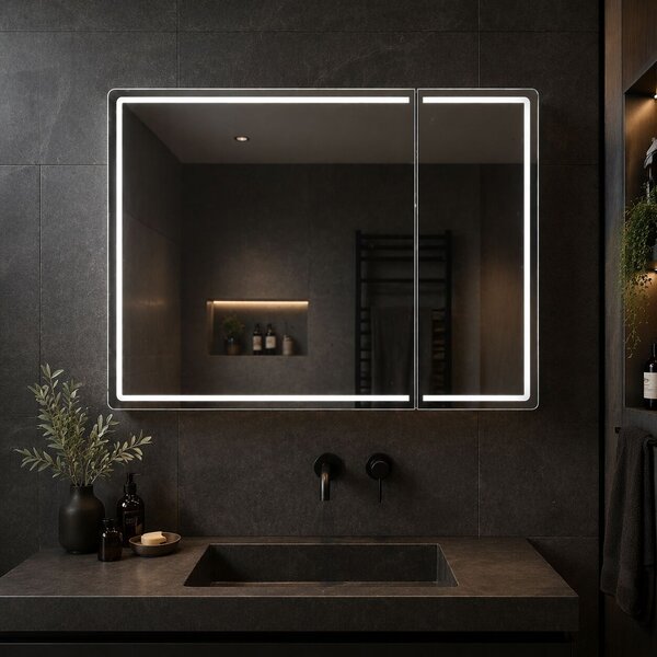 LED Tükör Szekrénnyel LENTO 80x70 cm Szürke – Kerületvilágítással és Érintésérzékelővel