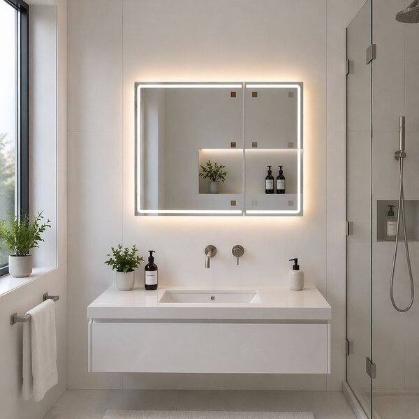 LED Tükör Szekrénnyel LENTO 80x70 cm Szürke – Kerületvilágítással és Érintésérzékelővel