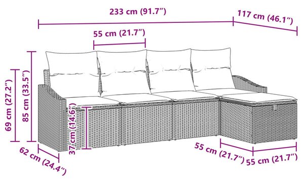 5 Részes Kert Kanapé Szett Párnákkal Bézs Poli Rattan