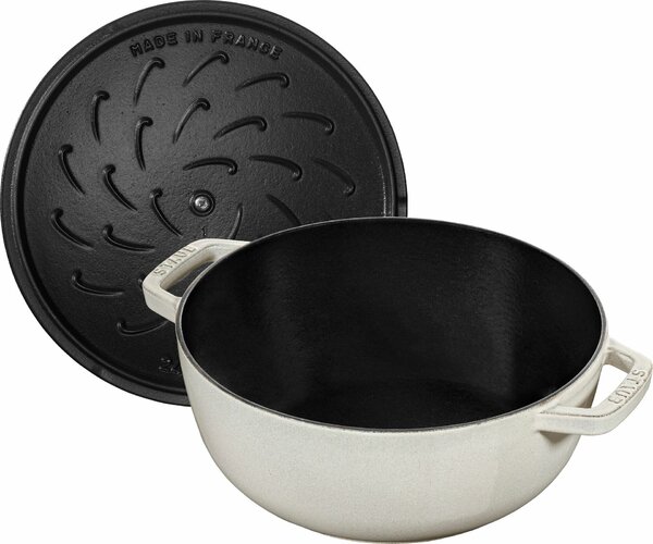 STAUB Cocotte Ronde Öntöttvas főzőedény, zománcozott, 24 cm/3,6 l, "snowflake" tört fehér (fehér szarvasgomba)(45)