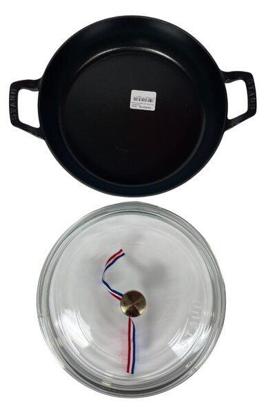 STAUB Öntöttvas serpenyő, zománcozott, sütő, pároló edény, üveg fedővel, 30 cm/5,2 liter, Egyedi kialakítású matt fekete színű (44)