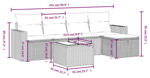 VidaXL 6 részes bézs polyrattan kerti ülőgarnitúra párnával