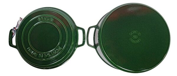 STAUB Öntöttvas főző és grill edény, zománcozott, 28 cm/6,09 liter, Cocotte Braise and grill kerek, bazsalikomzöld (107)