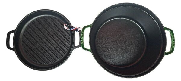 STAUB Öntöttvas főző és grill edény, zománcozott, 28 cm/6,09 liter, Cocotte Braise and grill kerek, bazsalikomzöld (107)