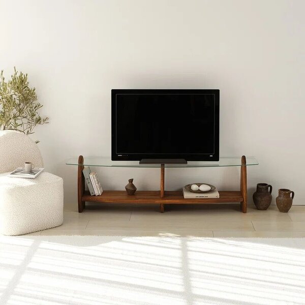 Hanah Home TV szekrény nappaliba 160x35x45 cm, 100% biztonsági üveg polcokkal, 100% tömör fenyő váz, átlátszó gesztenye szín - Ellenőrzött A · Re-Bloom