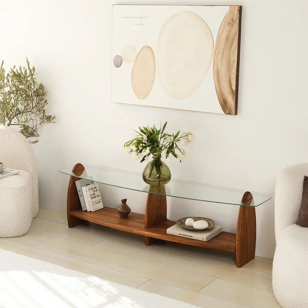 Hanah Home TV szekrény nappaliba 160x35x45 cm, 100% biztonsági üveg polcokkal, 100% tömör fenyő váz, átlátszó gesztenye szín - Ellenőrzött A · Re-Bloom