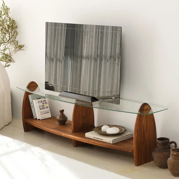 Hanah Home TV szekrény nappaliba 160x35x45 cm, 100% biztonsági üveg polcokkal, 100% tömör fenyő váz, átlátszó gesztenye szín - Ellenőrzött A · Re-Bloom