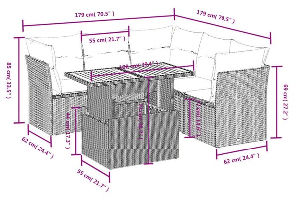 VidaXL 5 részes fekete polyrattan kerti kanapészett párnákkal
