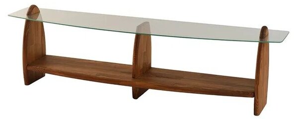 Hanah Home TV szekrény nappaliba 160x35x45 cm, 100% biztonsági üveg polcokkal, 100% tömör fenyő váz, átlátszó gesztenye szín - Ellenőrzött A · Re-Bloom