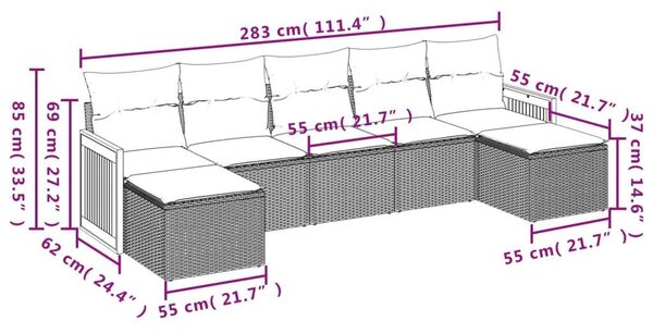VidaXL 7 részes fekete polyrattan kerti ülőgarnitúra párnával