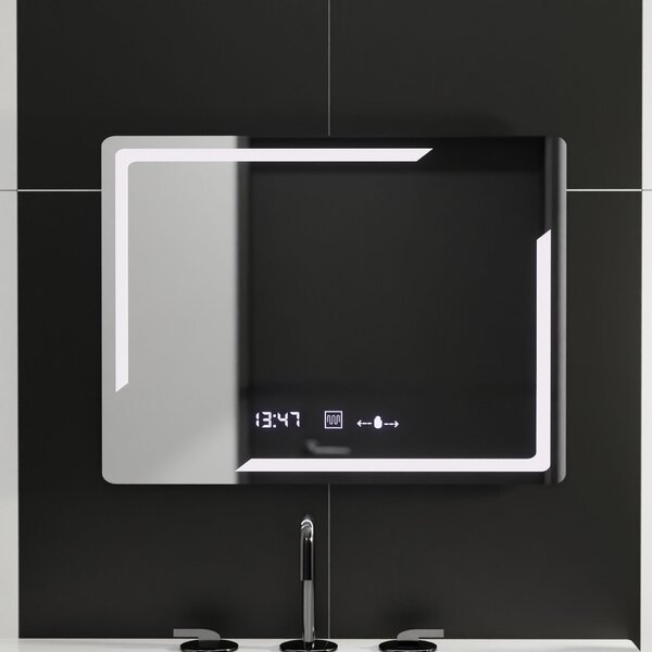 LED Tükör, Téglalap alakú, 80x60 cm, Rayonnement MotionGlow Marcello, páramentesítő rendszer, óra és hőmérő, dimmelhető