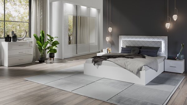 Franciaágy 160x200 PAMPLONA - alpesi fehér / fényes fehér + INGYENES LED világítás