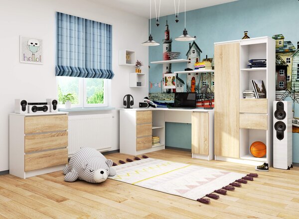 Sarok PC asztal Bevin (fehér + sonoma tölgy) (B)