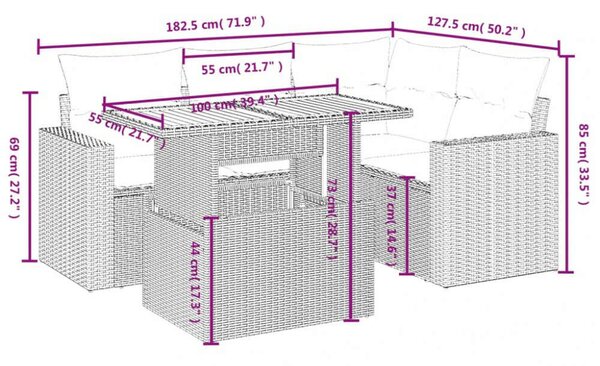 VidaXL 5 részes fekete polyrattan kerti kanapészett párnákkal