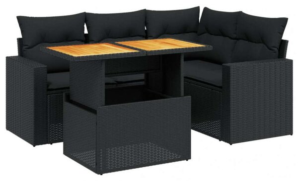 VidaXL 5 részes fekete polyrattan kerti kanapészett párnákkal