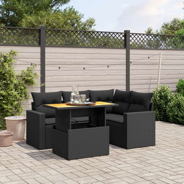 VidaXL 5 részes fekete polyrattan kerti kanapészett párnákkal