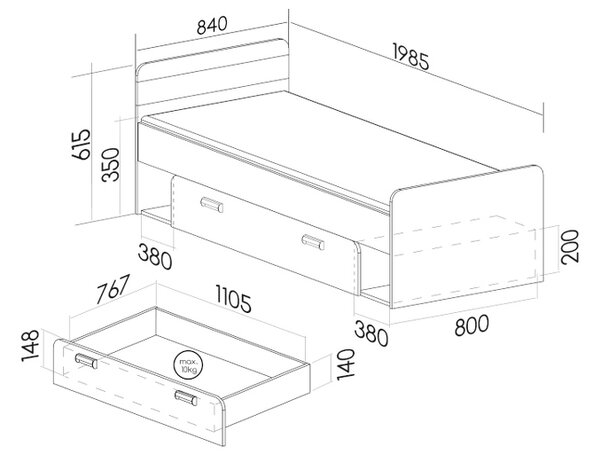 Egyszemélyes ágy 80x195 CEDAR fiókkal - nash tölgy / fehér