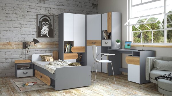 Egyszemélyes ágy 80x195 EDENTON fiókkal - nash tölgy / grafit / fehér