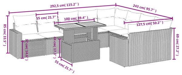 VidaXL Polyrattan Kerti Ülőgarnitúra - 10 részes - Fekete