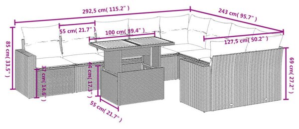 VidaXL Polyrattan Kerti Ülőgarnitúra - 10 részes - Fekete