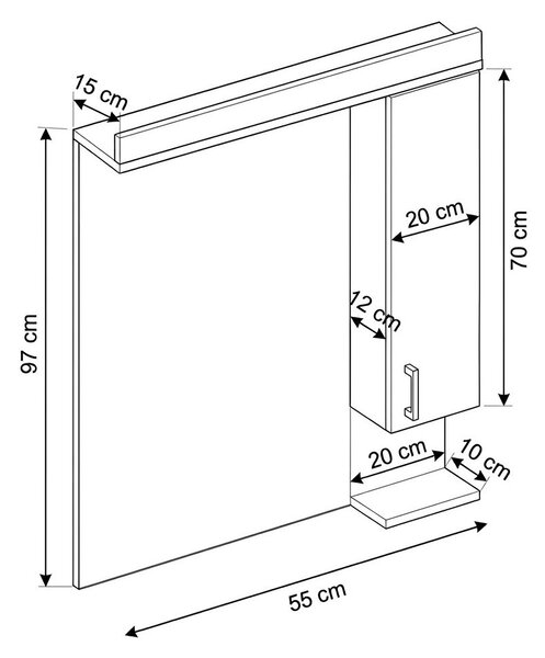 Viva STYLE Tükrös fürdőszobai szekrény LED világítással - JOBBOS szekrénnyel - 55 x 97 x 15 cm