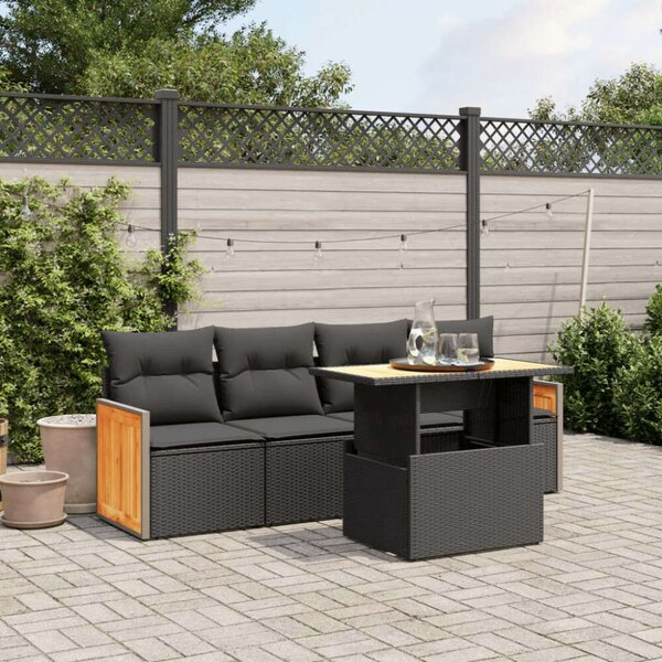 VidaXL 5 részes fekete polyrattan kerti kanapészett párnákkal