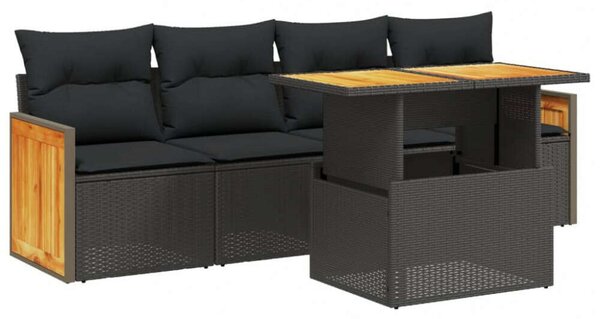 VidaXL 5 részes fekete polyrattan kerti kanapészett párnákkal