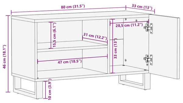 TV Szekrény - 80x31.5x46 cm Tömör Mangó és Mérnöki Fa