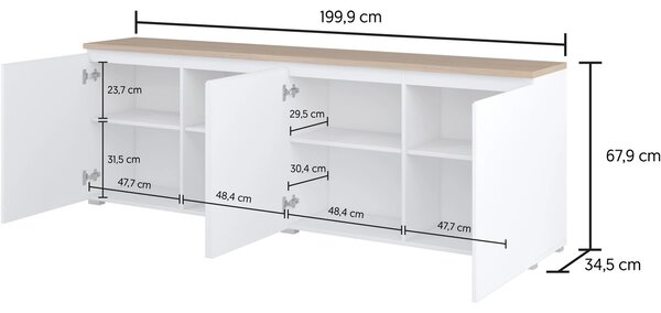 Széles fiókos komód ajtókkal CAPRI - fehér / mályvaszínű tölgy