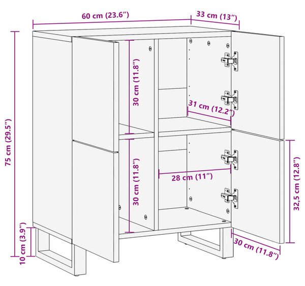 Oldalszekrény 60 x 33.5 x 75 cm - Tömör mangóból és őszi fából készült
