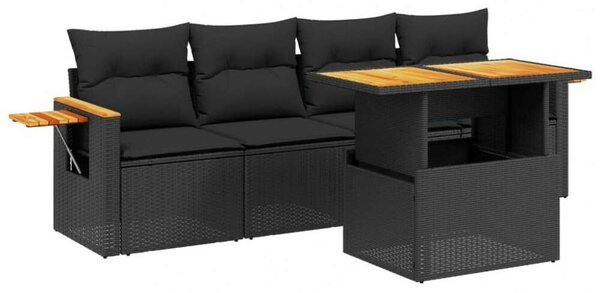 VidaXL 5 részes fekete polyrattan kerti kanapészett párnákkal